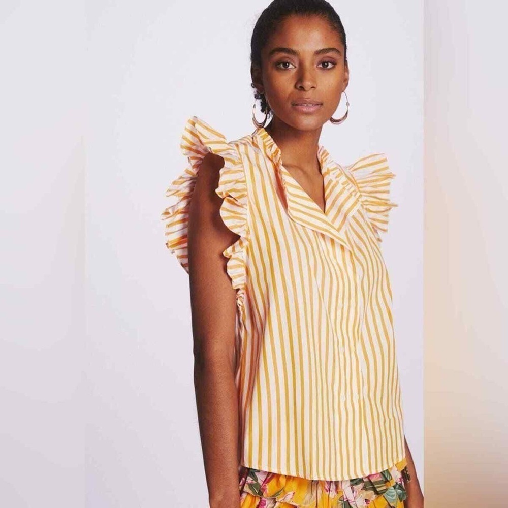 Anthropologie Harshman Striped Ruffle Short Sleeve Top Orange White Cotton M